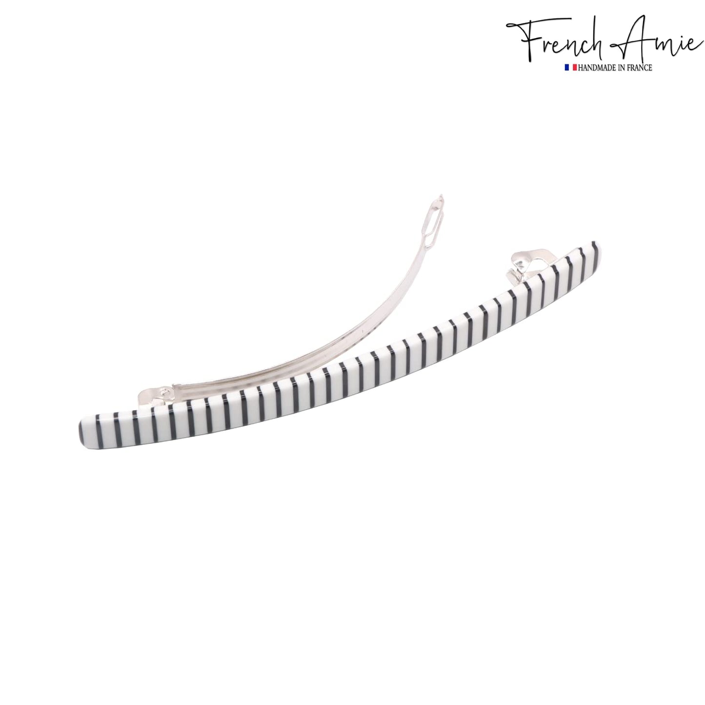 French Amie Long and Thin Black White Large 4” Handmade Celluloid Automatic Hair Clip Barrette for Women and Girls (Stripe)