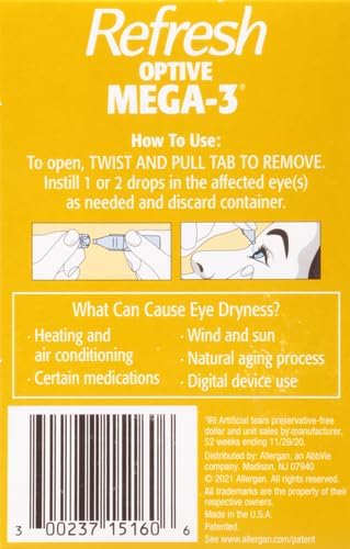 Refresh Optive MEGA-3 Lubricant Eye Drops Preservative-Free Artificial Tears, 0.01 fl oz (0.4 mL), 60 Single-Use Containers (Pack of 2)