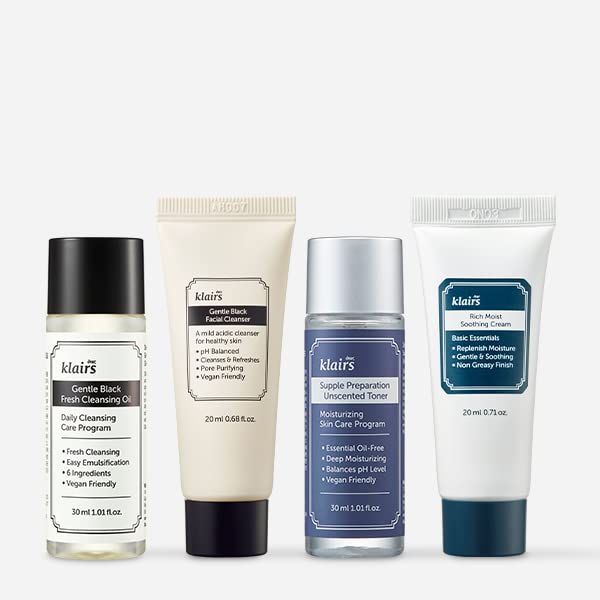 [DearKlairs] Skincare Trial Kits, Valentine's Galentine's Day Gifts, 4 minis, cleansing oil, cleanser, toner, cream, Travel must haves, Gifts for Women, mom