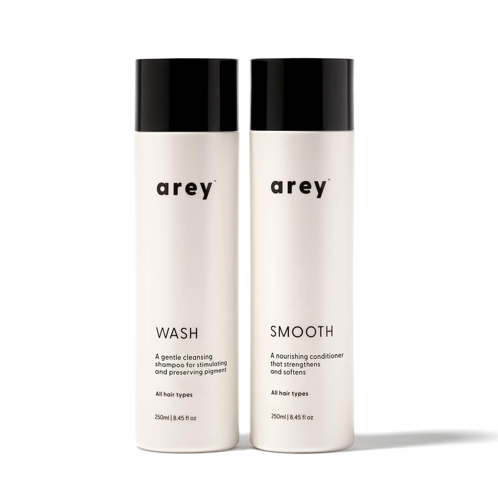 Arey Shower Duo | Daily Wash Shampoo and Smooth Conditioner Set | Delay + Reduce the Signs of Aging Grey Hair | Retain Moisture, Promote Smoothness | Vegan, Gluten-Free & Cruelty Free (2 Pack)