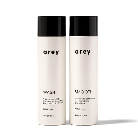 Arey Shower Duo | Daily Wash Shampoo and Smooth Conditioner Set | Delay + Reduce the Signs of Aging Grey Hair | Retain Moisture, Promote Smoothness | Vegan, Gluten-Free & Cruelty Free (2 Pack)