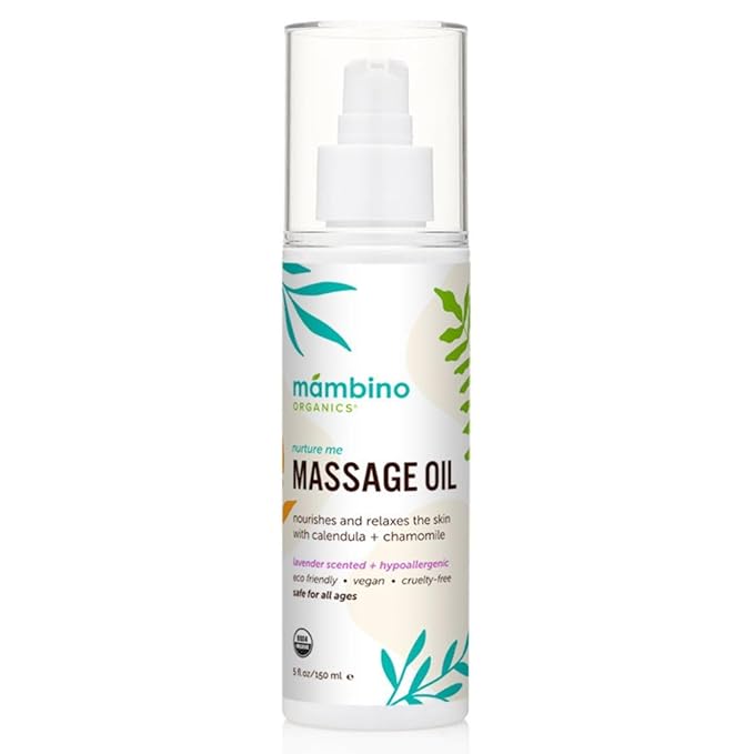 Mambino Organics Massage Baby Oil – Organic, Nourishing with Egyptian Calendula, Chamomile & Lavender – Gentle for After-Bath Relaxing – Cruelty-Free Baby Oils for Baby & Kids, 5 fl oz