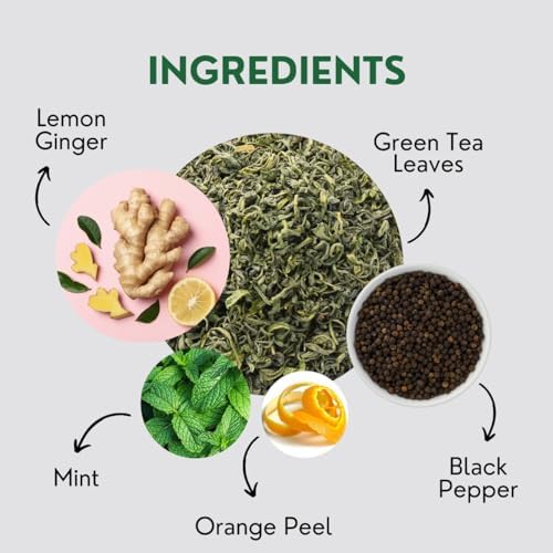 Tealeaf & Co. Lemon Ginger Green Tea with Ginger, Lemon Flavor, Orange Peel, Mint & Black Pepper - Organic Green Tea Bags with Fresh Herbs and Spices - Vegan - 100 Teabags (7.055oz/200gm)