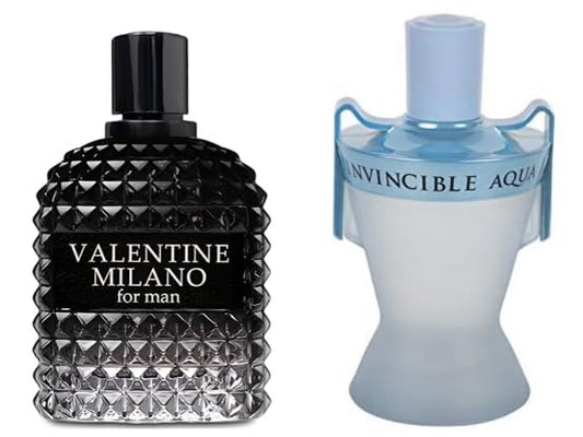 VALENTINE MILANO and (INVINCIBLE AQUA Cologne for Men Combo Pack Eau de Toilette Fragrance 3.4oz/100ml, Natural Spray, Long Lasting (Pack of 2))