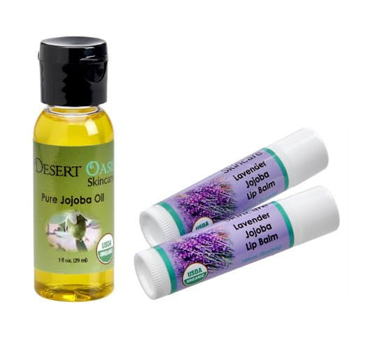 100% Pure Organic Jojoba Oil. Travel Size 1 oz plus 2 Pack Organic Lavender Lip Balms with over 70% Jojoba Oil. 100% Natural. By Desert Oasis Skincare (1 fl oz/29 ml)