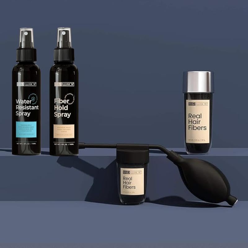 Hair Illusion 100% Real Hair Fibers Combo Kit Bundle: Fibers, Hold & Water Spray, & Applicator for Instant Natural Fuller Hair for Thinning & Enhancement Blend (Jet Black)