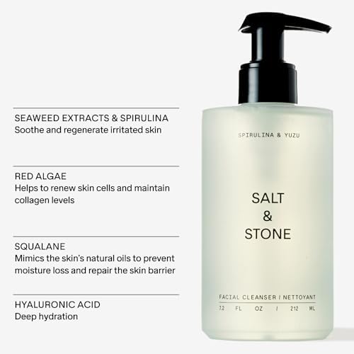 Salt & Stone Face Wash for Women & Men, Spirulina & Yuzu Gentle Facial Cleanser, Makeup Remover Pore Minimizer with Hyaluronic Acid, Squalane, Skin Care for All Skin Types, Vegan, Cruelty Free, 7.2 oz