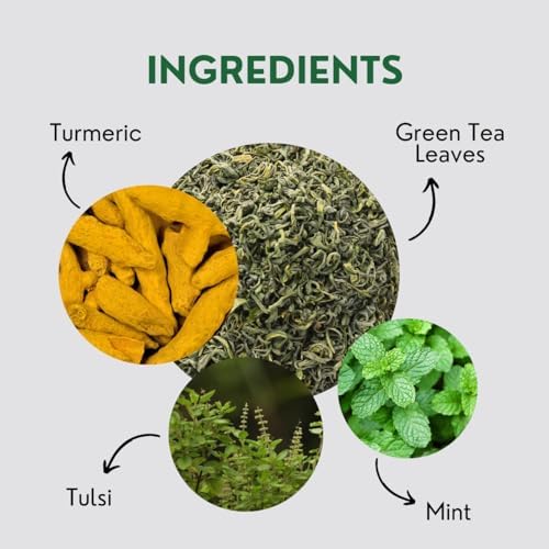Tealeaf & Co. Turmeric Tulsi Holy Basil Green Tea - Turmeric, Tulsi & Peppermint Tea Blended with Fresh Herbs & Spices - Low Caffeine & Vegan - 100 Teabags (7.055oz/200gm)