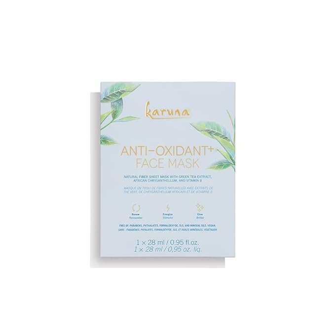 Karuna Anti-Oxidant+ Sheet Masks for Revitalized Skin, Moisturizing & Hydrating Face Masks Skincare Essential, Sheet Mask with Green Tea, Licorice & Chrysanthellum, 1-Pack