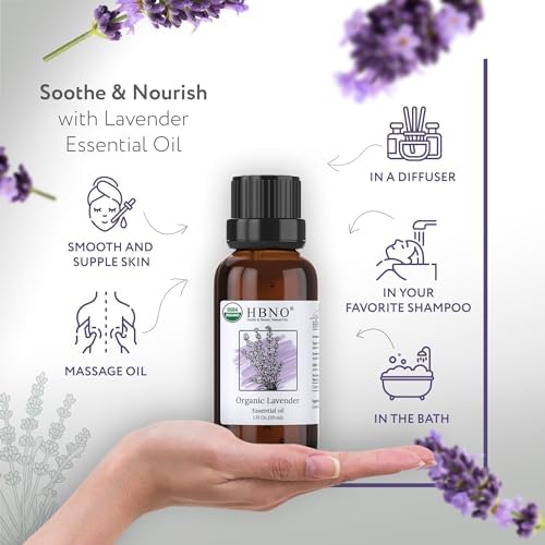 HBNO California Bottled Organic Lavender Essential Oil 1 fl oz (30ml) - USDA Certified Organic Lavender Oil for Skin, Perfect for Cleaning, Aromatherapy, DIY & Diffuser