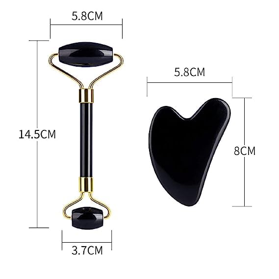 Black Obsidian Jade Facial Roller & Gua Sha Set 100% Natural Source from Highest Altitude of Himalayan Two-Sided Face Neck Massager Stone Beauty Tool