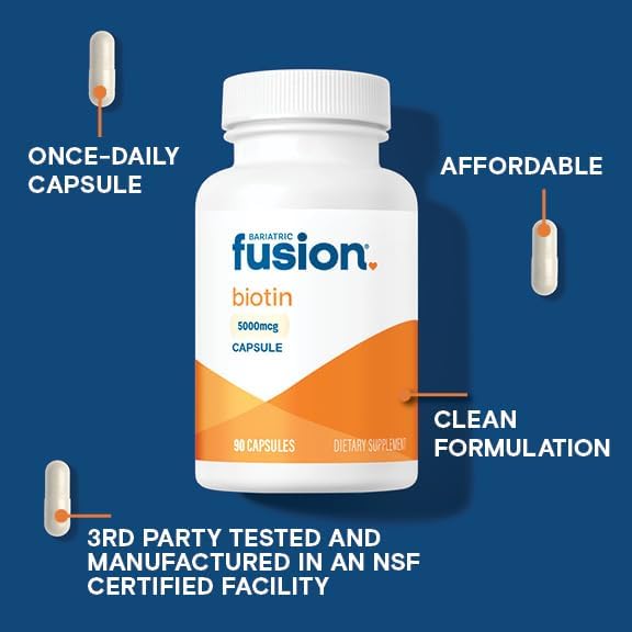Bariatric Fusion Biotin 5000mcg Vitamin | Easy to Swallow Capsules Biotin Supplement for Hair Growth | 90 Count | 3 Month Supply