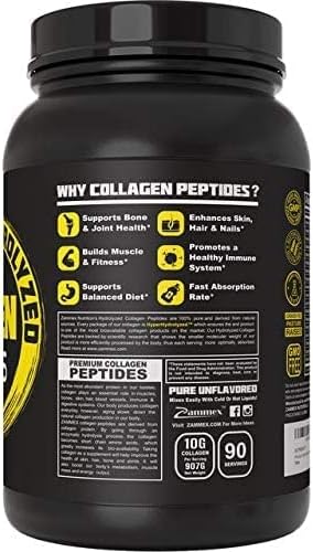 Zammex Collagen Peptides Powder, 90 Servings, Unflavored Instant Powdered, Pure Hydrolyzed Collagen Protein Powder (Type I, III) 100% Grass Fed, Paleo & Keto, Non-GMO, for Skin Hair Nail Joint