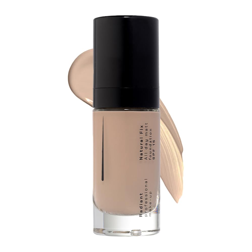 Radiant Professional Natural Fix All Day Matte Cream Foundation Makeup – Long Wear, Full Coverage Matte Foundation w SPF 15 – Oil Free Lightweight Formula for All Skin Types, 1.01oz (04 Peachy Beige)