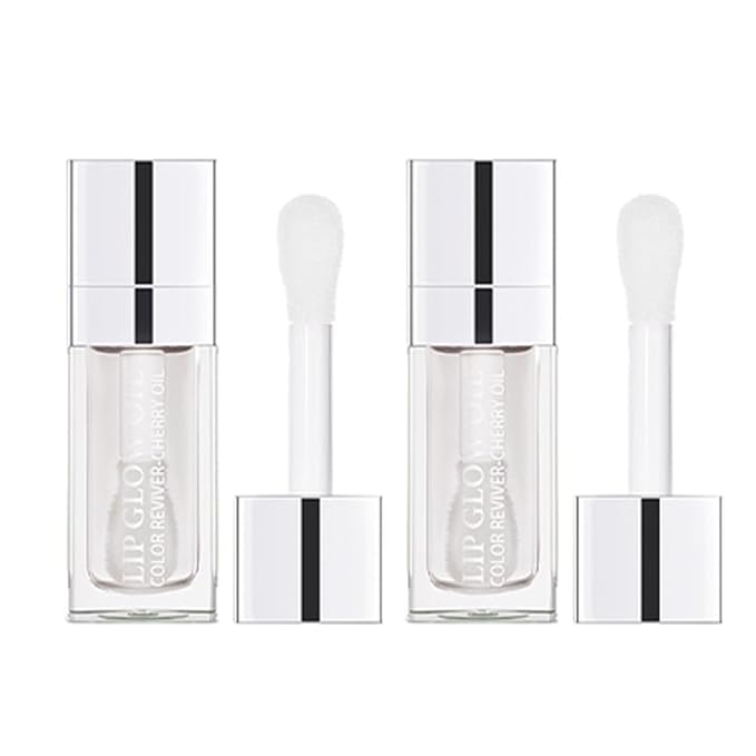 Plumping Lip Oil, Hydrating Gloss Tinted Lip Balm Transparent Lip Care, Big Brush Head Glitter Shine, Long Lasting Nourishing Non-sticky Fresh Texture(2PCS CLEAR)