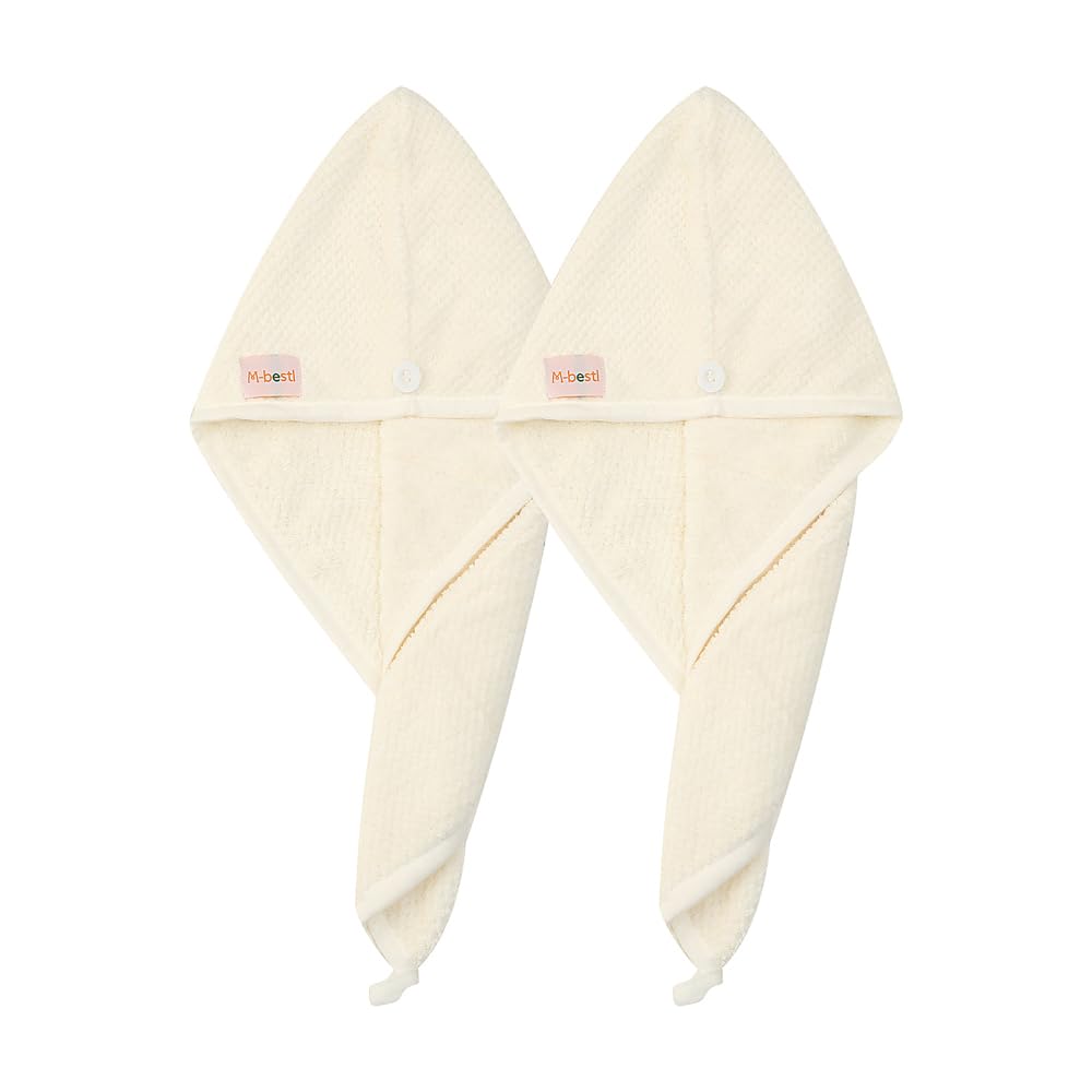 2 Pack Microfiber Hair Towel Wrap,Hair Drying Towel with Button, Absorbent and Soft,Anti-frizz Head Towel to Dry Hair Quickly(Beige&Beige)