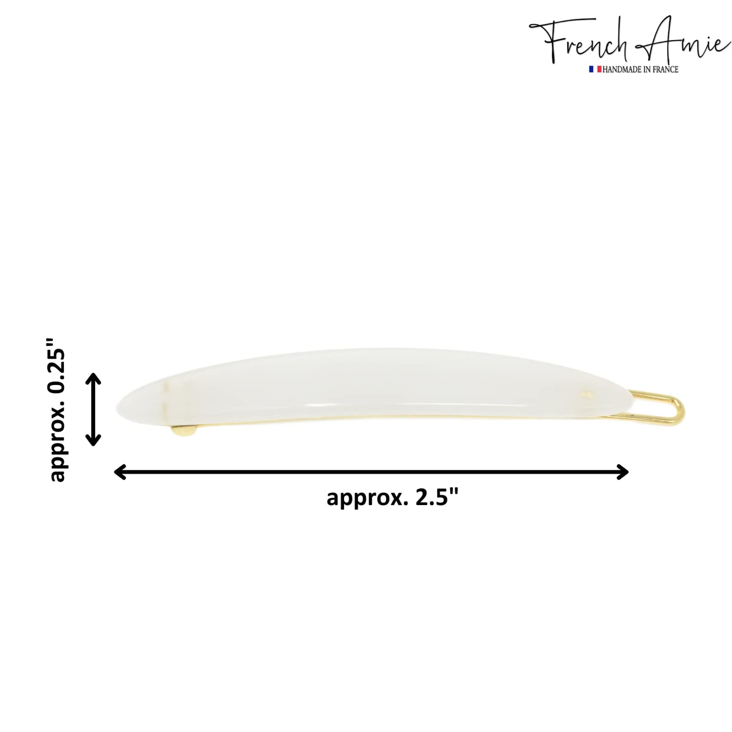French Amie Narrow Oblong Small 2 1/4" Celluloid Acetate Set of 2 Side Slide In Hair Clip Barrettes with Tige Boule Clasp for Girls and Women, Made in France (Natural White)