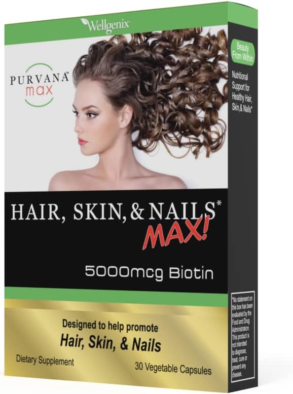 Purvana Max Hair, Skin, and Nails Vitamin - 5000mcg Biotin, Folic Acid, DMAE, Grape Seed Extract - One a Day Vegan Hair, Skin, Nails Support - Promotes Collagen Production - 30 Caps (Pack of 2)