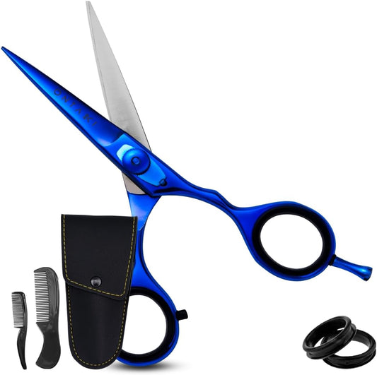 Ontaki Japanese Steel Beard & Hair Scissors - Safe Rounded Tips & Mustache Comb - Ergonomic Grip Beard Scissors for Men - Professional Craftsmanship Barber Shears - Midnight Blue, 5.5"