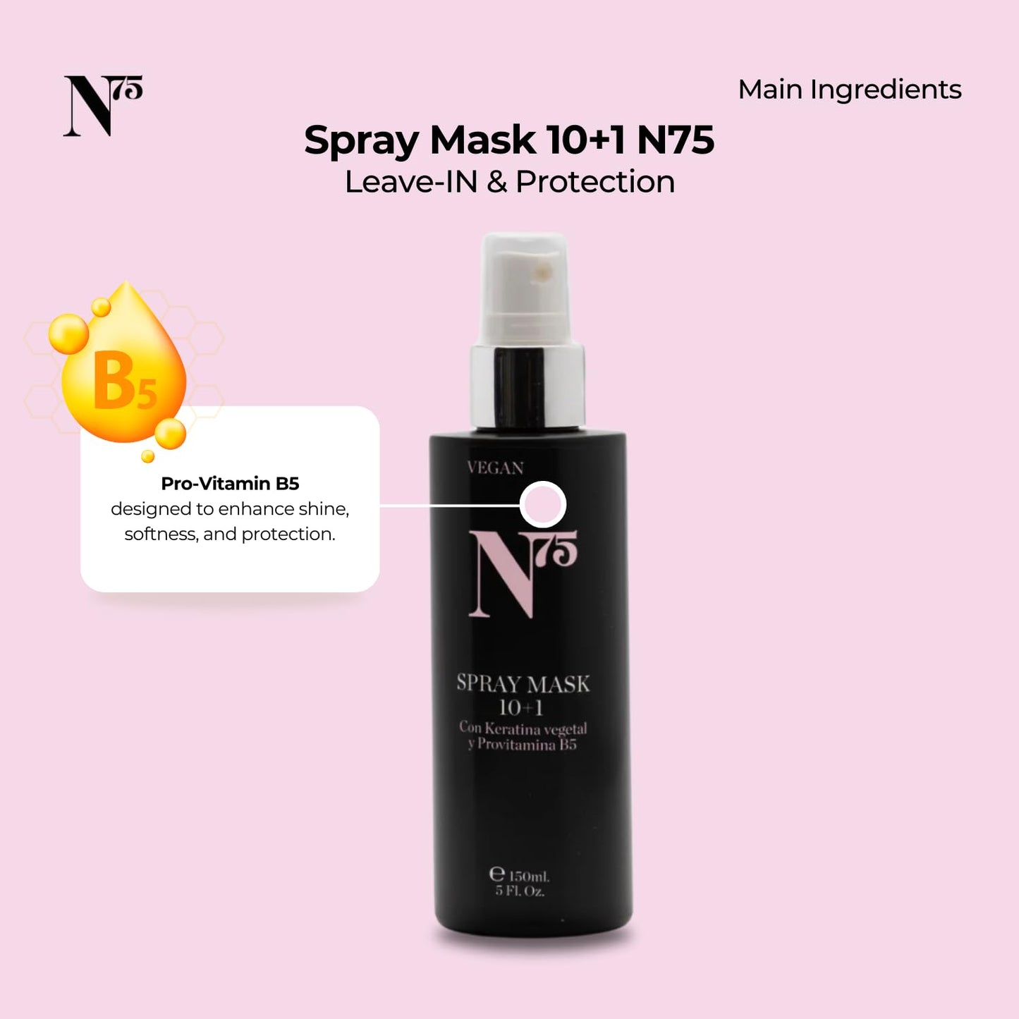 N75 10+1 Spray Mask 5.1 fl oz – Leave-in Hair Treatment with Pro-Vitamin B5 – Vegan Heat Protectant & UV Shield – Hydrating Spray for Color-Treated, Curly, Frizz-Prone or Damaged Hair