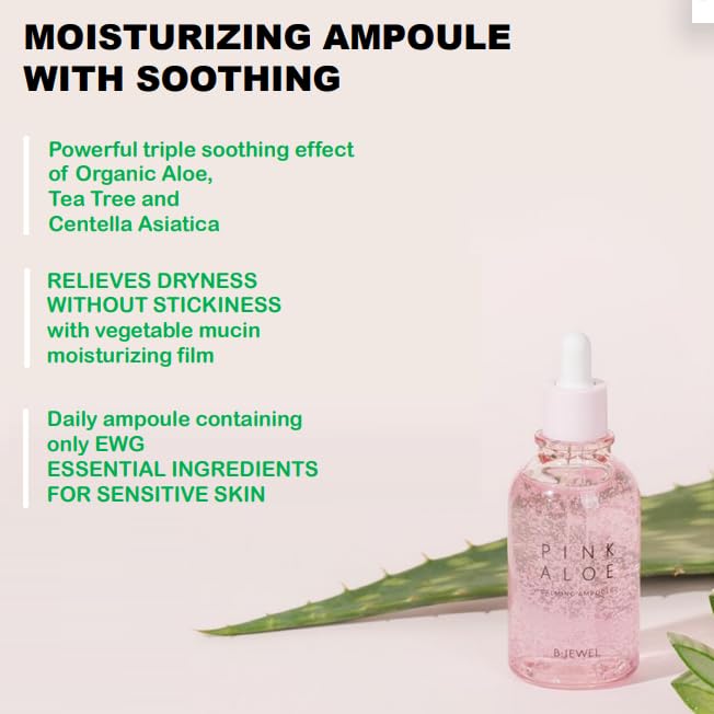 BJEWEL Korean Skincare Pink Aloe Calming Ampoule 100ml – 72-Hour Hydration With Rare Pink Aloe & Centella – Soothing Serum for Sensitive Skin With Tea Tree, Fast-Absorbing & Non-Irritating Formula