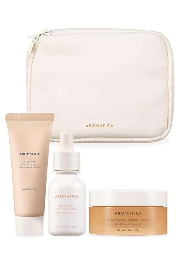 AROMATICA Glow Vita Trial Kit - Travel Size Skin Care Set [Vitamin C Serum 0.5 fl.oz, Facial Scrub 0.5 fl.oz, Goodnight Cream with Retinol 1oz] - Travel Kit for Women | Mothers day gifts for mom