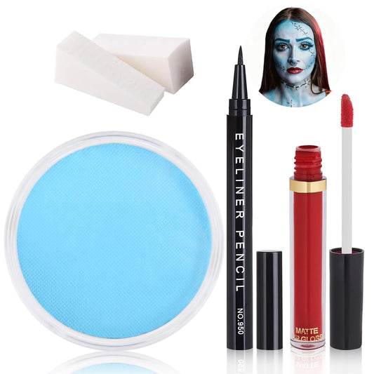 Sally Makeup Kit, Sally Face Costume Cosplay Accessories for Women Girls, Corpse Bride Costume Makeup Kit, Water Activated Light Blue Face Body Paint+Red Lipstick+Black Eyeliner+Sponges