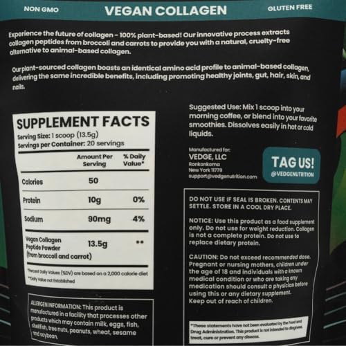 vedge Vegan Collagen Powder - Plant-Based Collagen Supplements for Hair, Skin, Nails, Joint & Gut Health - 0.47oz Collagen Peptides & 0.35oz Protein/Serving - 8.8oz Pack