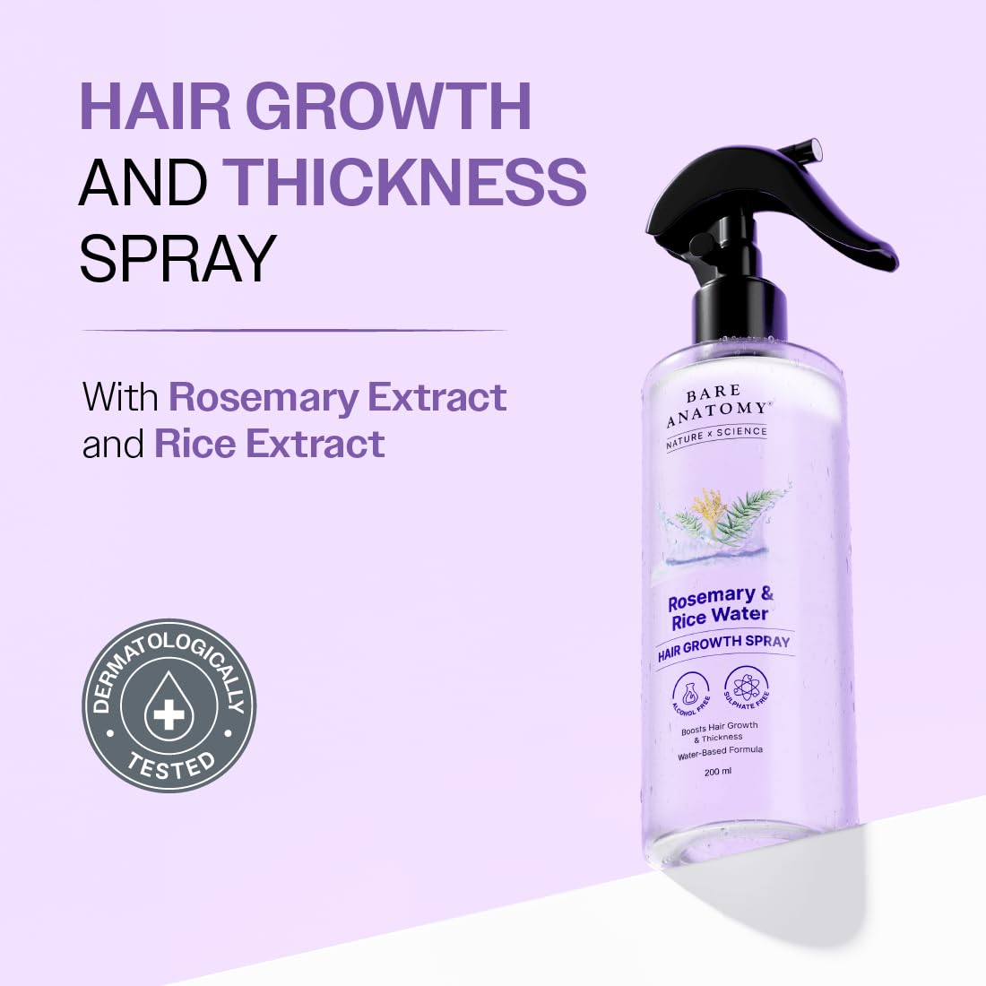 Bare Anatomy Nature x Science Rosemary Water Spray for Hair Growth & Hair Thickness with Rice Water |100% Natural Extract | Soft & Smooth Hair| Controls Hairfall| Non-Greasy & Fast Absorbing | 200ml