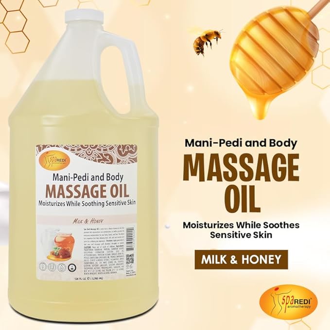 SPA REDI - Massage Oil, Milk and Honey, 128 Oz - Professional Pedicure, Manicure, Full Body Massage Therapy - Made With Almond, Cotton Seed, Sunflower, Avocado, Essential Oils, Vitamin E