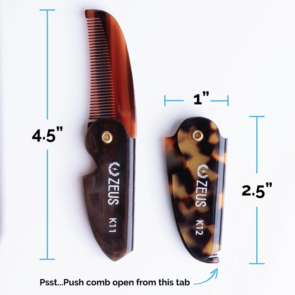 ZEUS Folding Mustache Comb for Men, Handmade Saw-Cut Pocket Comb for Men’s Beard & Moustache Grooming, Compact & Travel Friendly (Traditional) K11