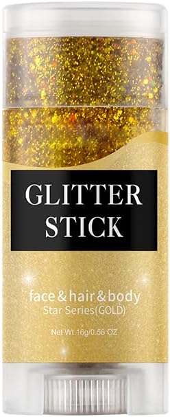 Gold Body Glitter Stick, Holographic Sparkling Neon Outfit Singer Concert Music Rave Festival Party Accessories Hair and Face Glitter Gel.