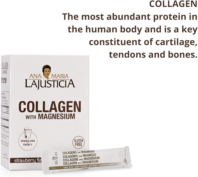 Ana Maria Lajusticia - Collagen + Magnesium Powder Sticks. Strawberry Flavour - Travel Pack. Hydrolized Collagen for Healthy Skin, Bones, Nails and Joints. Dairy, Gluten and Sugar Free.