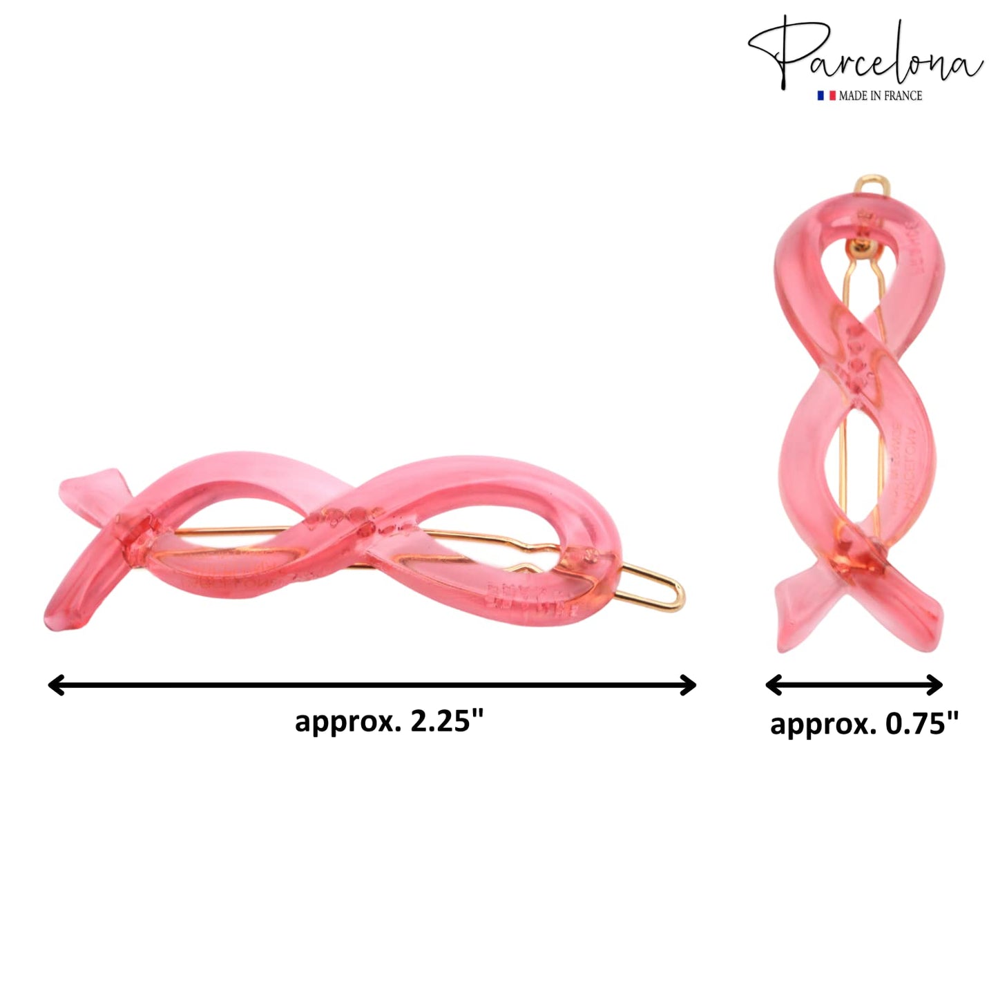 Parcelona French Infinity Ribbon Small 2 1/4" Celluloid French Hair Slides Clips for Women Tige Boule Clasp Girls Side Slide-in Barrette Clip Paris Hair Accessories for Women Strong Hold No Slip Grip Fashion Durable Styling, Made in France (Crystal Pink)