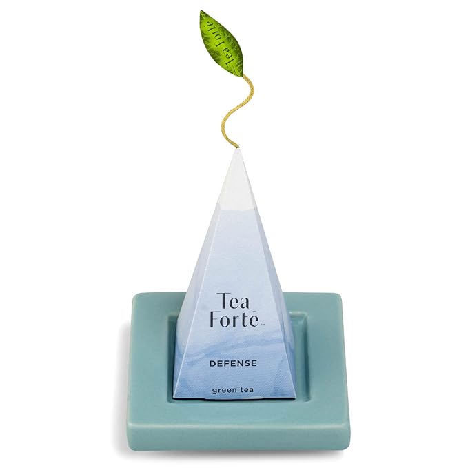 Tea Forte Wellbeing 3-Piece Mother's Day Tea Gift Set with Light Blue Cafe Cup with Lid, Tea Tray and 10 Assorted 2 of Each Variety Organic Handcrafted Pyramid Infuser Tea Bags