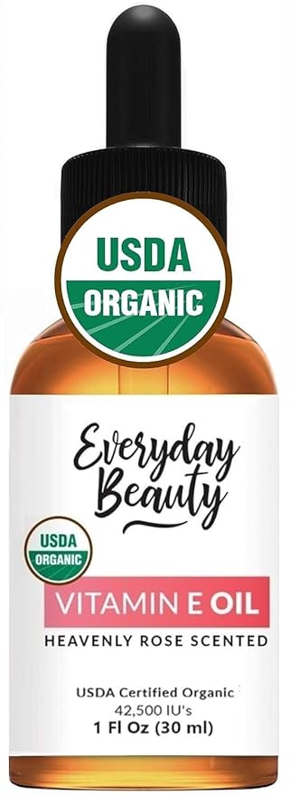 Organic Vitamin E Oil Heavenly Rose Scented USDA Certified 100% All Natural Plant Based 1 Fl Oz Glass Bottle & Dropper - Lightweight Great for Scars After Surgery - Reduce Wrinkles, Anti Aging