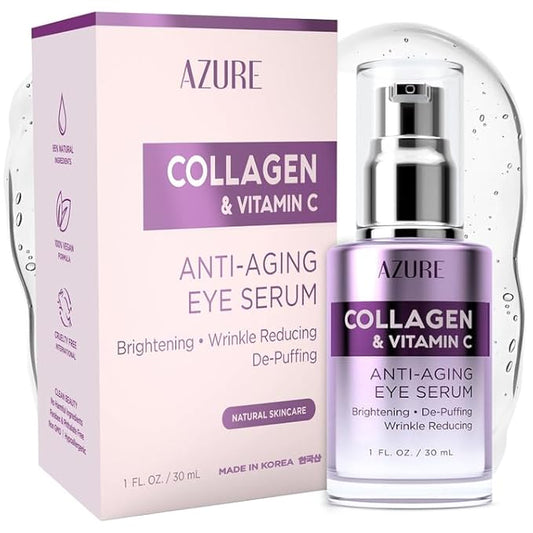 Azure Cosmetics Collagen & Vitamin C Anti Aging Eye Serum - Toning, De-Puffing Serum - Reduces Wrinkles, Fine Lines & Dark Circles - Minimizes Fatigue - Skin Care Made in Korea - 30mL / 1 fl.oz.