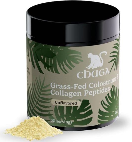 Chuga Grass Fed Colostrum & Collagen Peptides 60 Servings | Enhances Hair & Nails | Glowing Skin | Gut Wall Strengthening