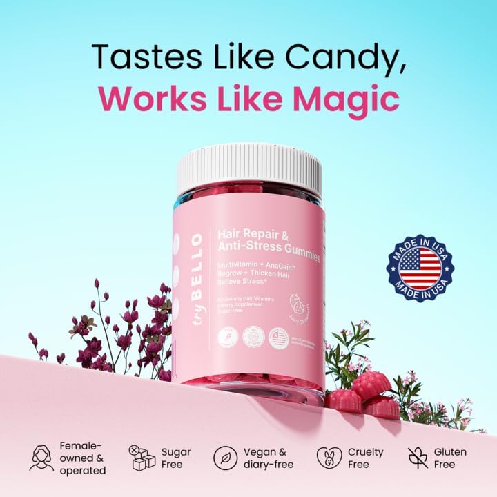 Trybello Anti-Stress & Hair Growth Gummies for Women | Sugar-Free, Vegan Hair Supplements | Gluten-Free, Soy-Free, Dairy-Free Gummy Vitamins for Thicker, Healthier Hair | 30 Servings