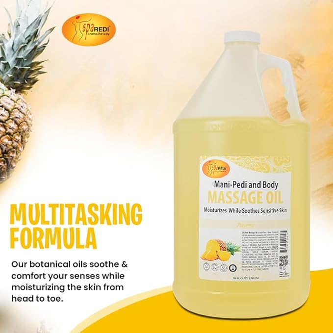 SPA REDI - Massage Oil, Pineapple, 128 Oz - Professional Pedicure, Manicure, Full Body Massage Therapy, Made with Almond Oil, Cotton Seed Oil, Sunflower Oil, Avocado Oil, Essential Oils, Vitamin E