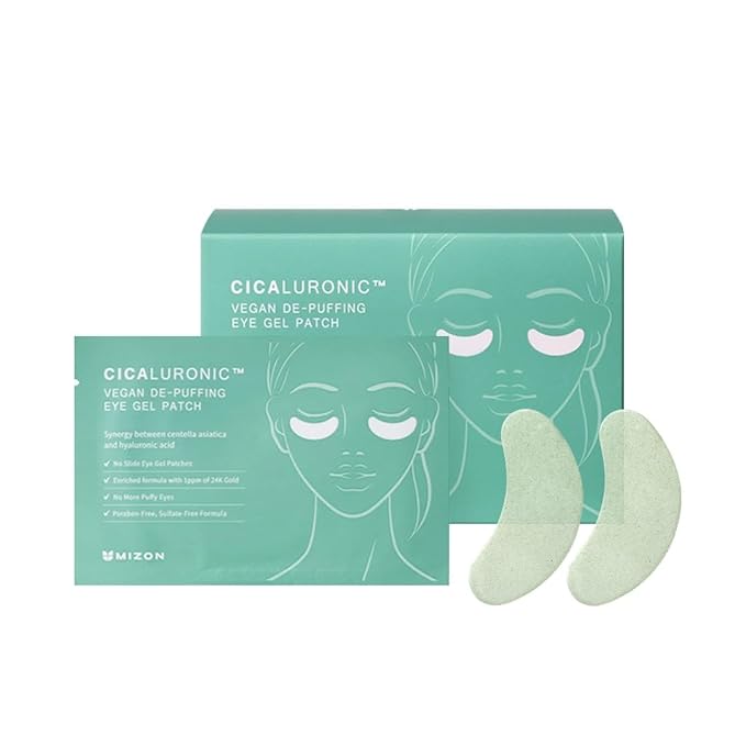 MIZON Snail Gold Eye Gel Patches + Cicaluronic Vegan De-puffing Eye Patches. Intensive eye skincare, anti-wrinkle, de-puffing, refreshing, soothing, hydrating.