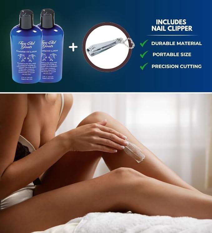 Two Old Goats Essential Oil Lotion 4 oz Bundle with Nail Clipper - Moisturizing Lotion with Lavender, Chamomile, Eucalyptus, and More for Soothing Skin Care - Gift Set (3 Items)
