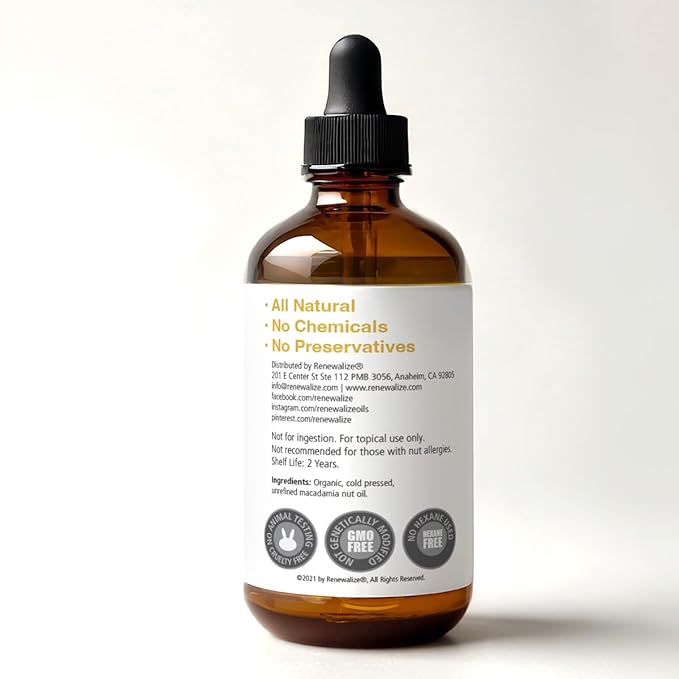 Organic Macadamia Nut Oil Moisturizer for Dry Skin In Large 4oz Glass Bottle | Cold Pressed and Unrefined Hair Oil