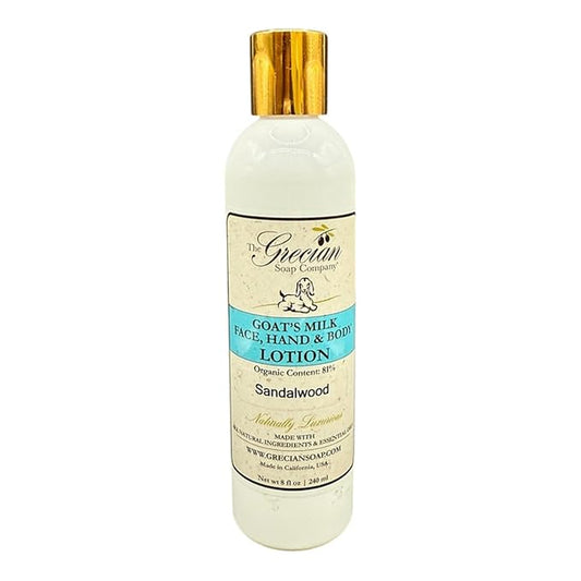 Organic Clean Beauty Goat's Milk Lotion in Sandalwood - 8 oz All Natural Goats Milk Lotion for Women and Men, Enriched with Essential Oils, Body Moisturizer for Everyday Use