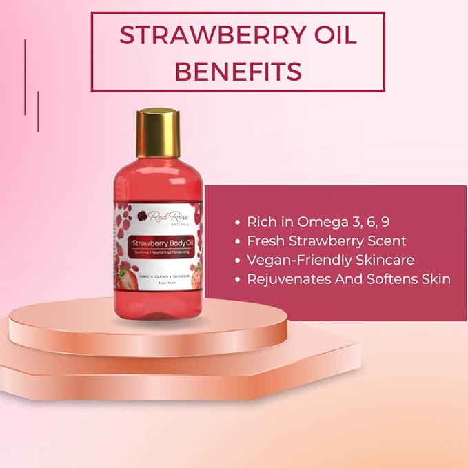 Strawberry Body Oil, Natural Body Oil For Women, Shower and Bath Perfume, Hydrating & Deep Moisturizing, Reduce Dry Skin, Long Lasting Fragrance, Vegan - 4 fl. oz