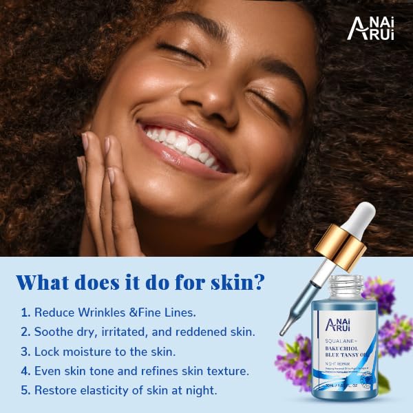 ANAI RUI Bakuchiol Blue Tansy Night-Repair Facial Oil Natural Retinol Alternative + Squalane Jojoba, for Deep Wrinkles & Fine Lines Soothing,Calm & Soothe Redness,Hydrating, Balancing, 1 FL.OZ