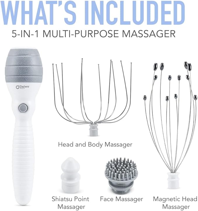 Daiwa Felicity Head Scalp Massager Scratcher 5-in-1 Stress Relief Massager Set for Scalp, Face, and Body Relaxation, Magnetic and Shiatsu Therapy for Tension, Pain Relief, and Wellness