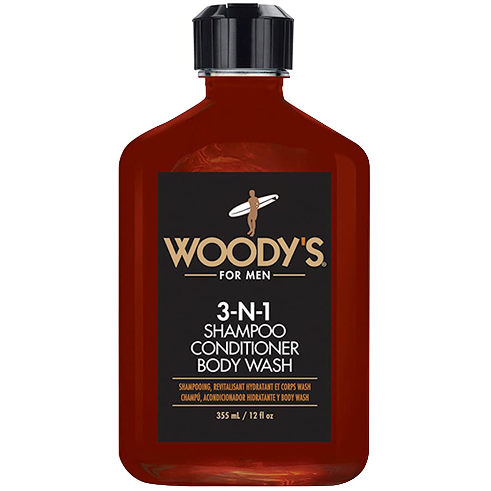Woody's 3-in-1 Shampoo, Conditioner & Body Wash for Men, Travel-Size, All-in-One Hair & Body Cleanser for Daily Use, 12 fl oz
