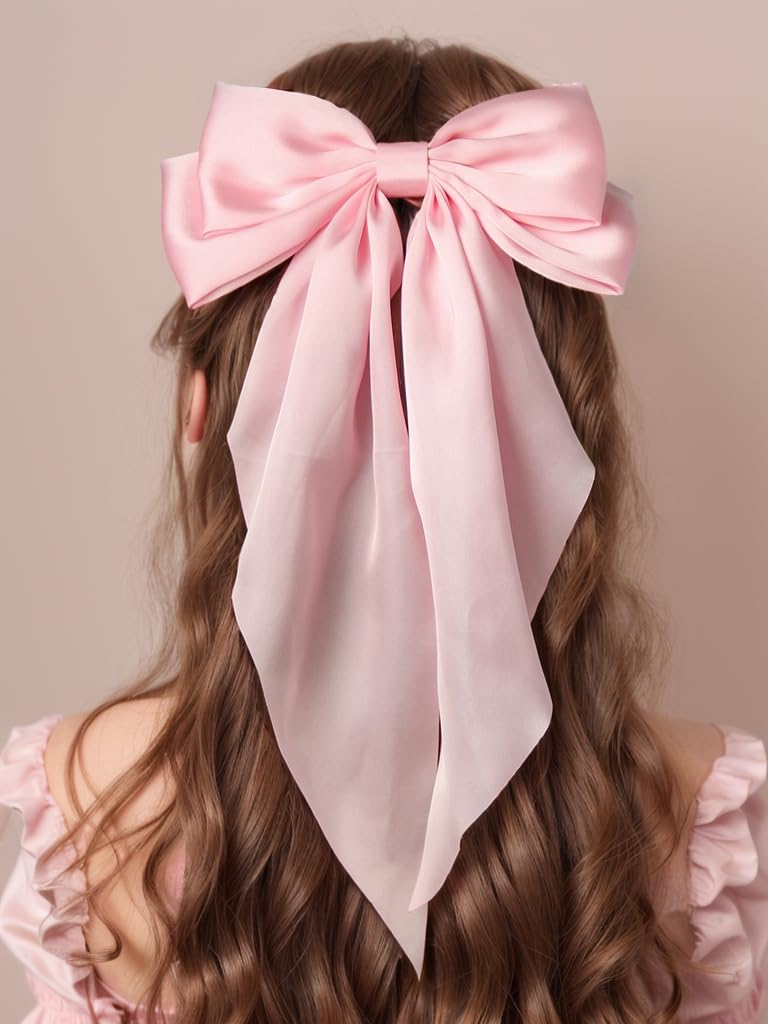 Furling Pompoms Hair Bows Clips for Women Large Bow Clips for Girls Satin Long Tails with Alligator Clips Big Hair Bow Hair Accessories (Pink Blue)