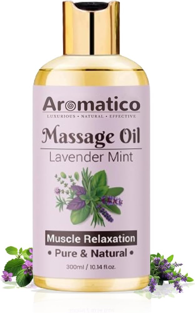 AROMATICO Soothing Massage Oil with Lavender & Peppermint Essential Oils. Natural Power of Sesame, Almond & Jojoba Oils. Non-Sticky Formula with Safe & Natural Ingredients – 10 Fl Oz